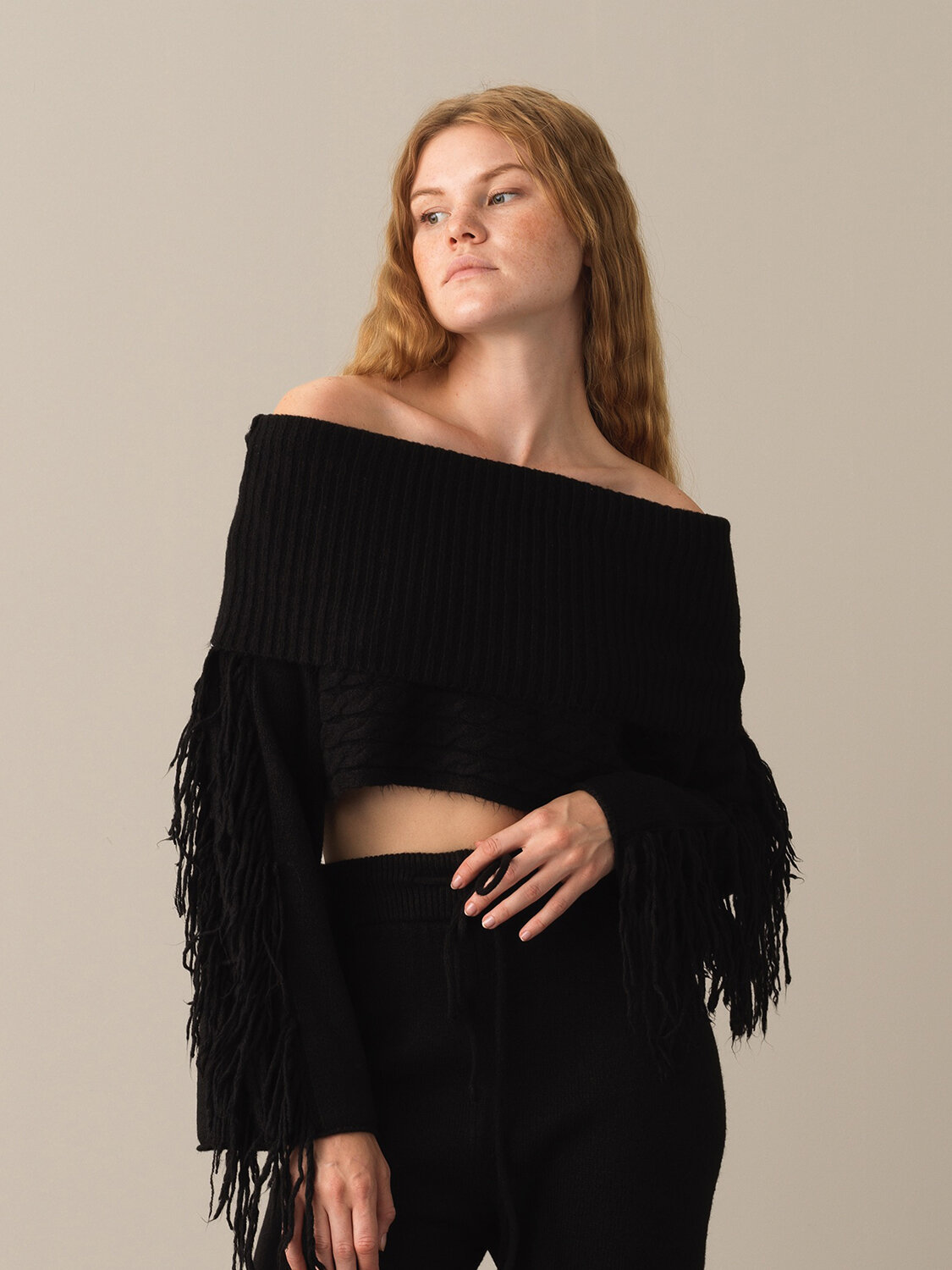 Oversized Sweater with Fringed Sleeves - 1