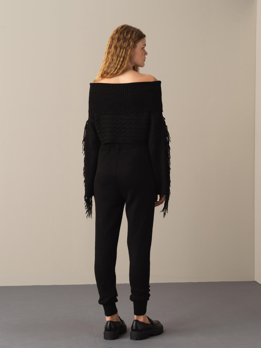 Oversized Sweater with Fringed Sleeves - 5