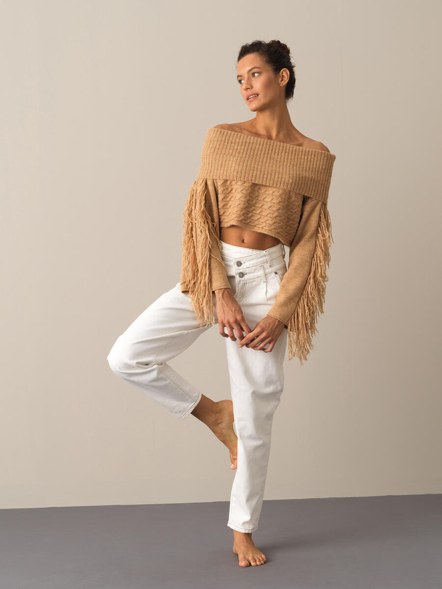 Oversized Sweater with Fringed Sleeves - 2