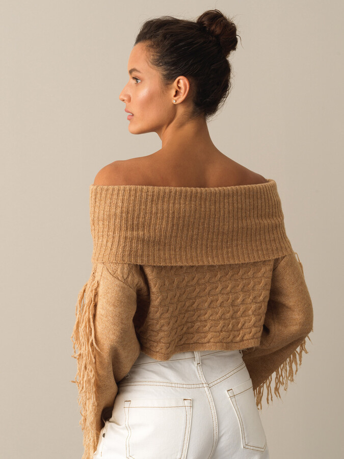 Oversized Sweater with Fringed Sleeves - Xint