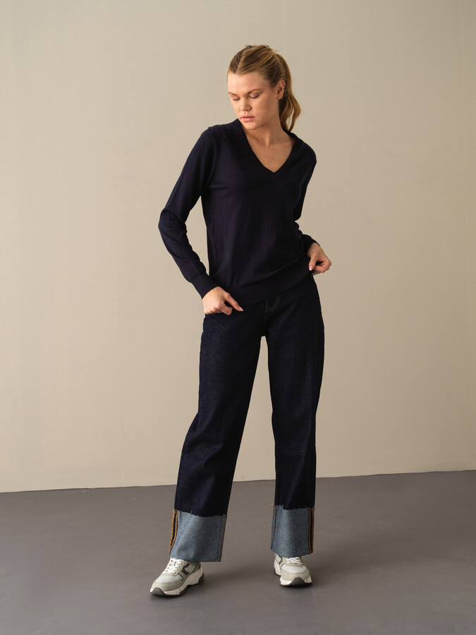 V-Neck 100% Cotton Regular Fit Basic Sweater - Xint