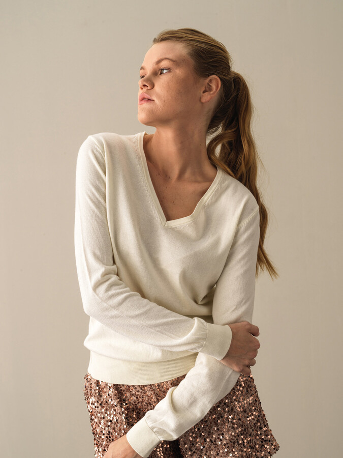 V-Neck 100% Cotton Regular Fit Basic Sweater - Xint