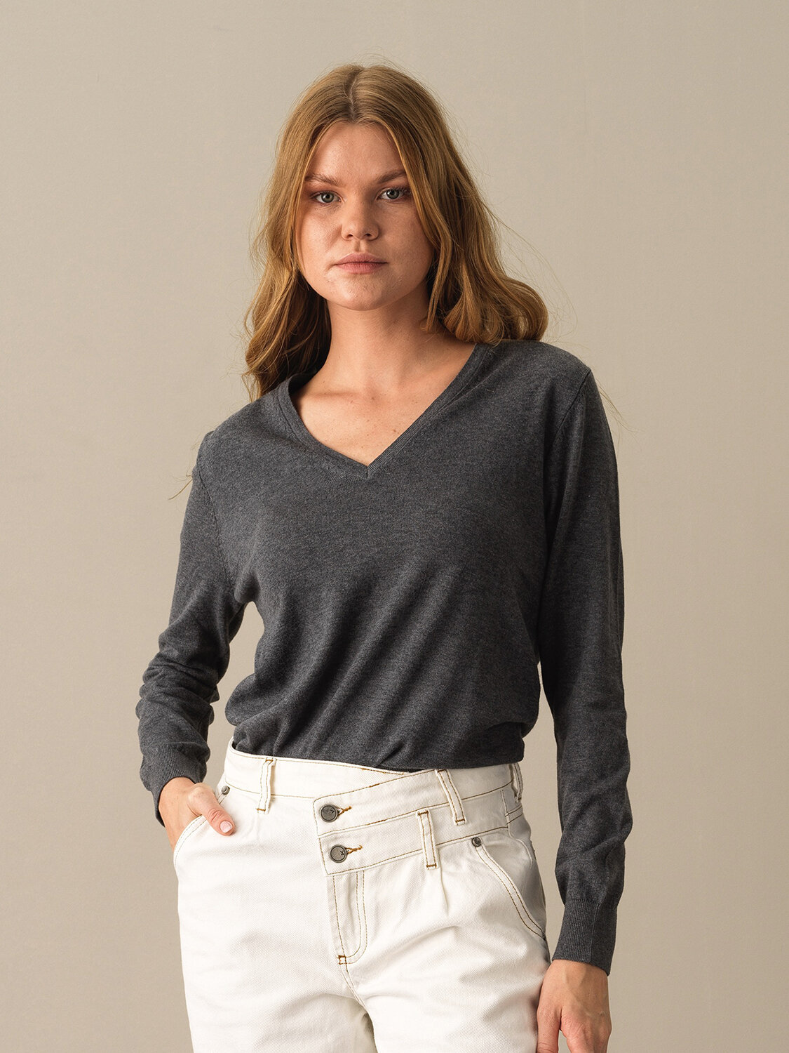 V-Neck 100% Cotton Regular Fit Basic Sweater - Xint