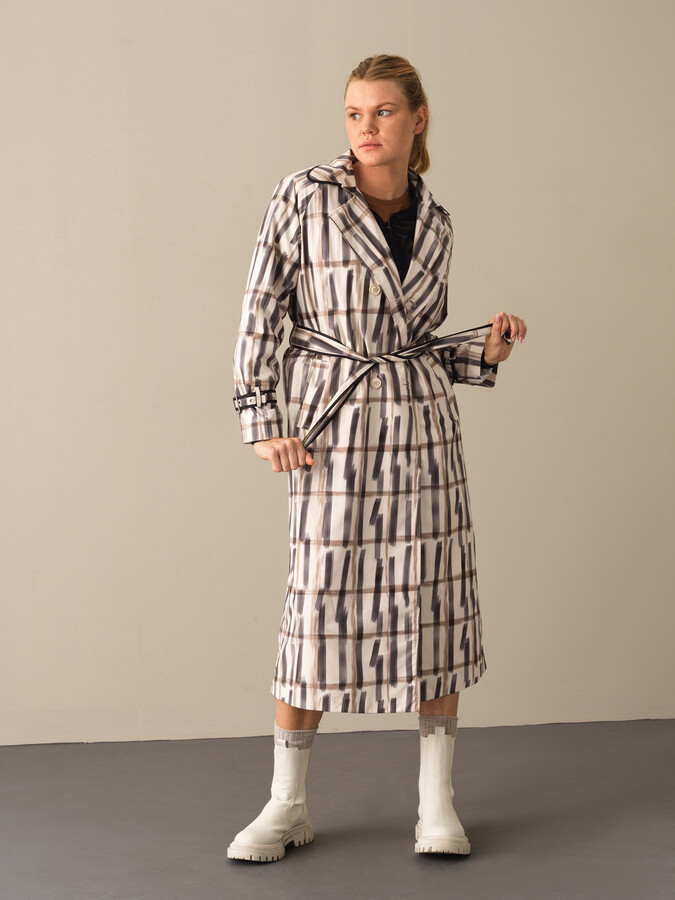 Waist-Tied Regular Fit Patterned Trench Coat - Xint