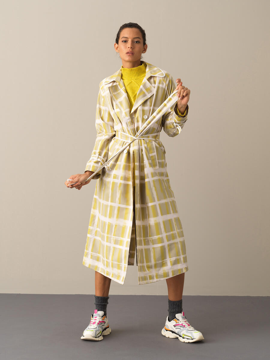 Waist-Tied Regular Fit Patterned Trench Coat