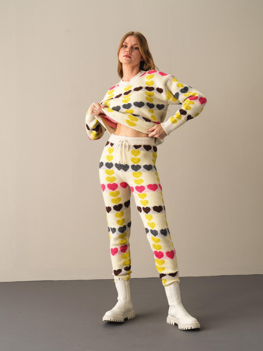 Elastic Waist Regular Fit Patterned Knitted Pants - 2