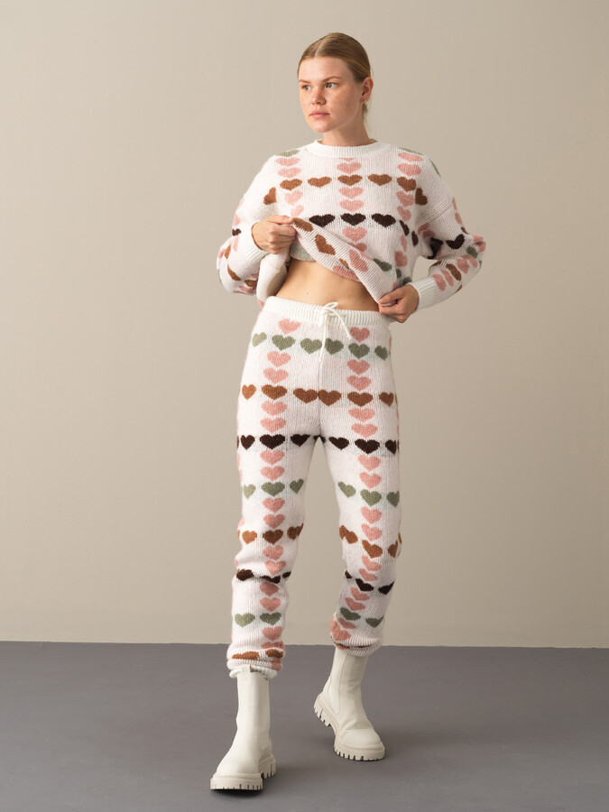 Elastic Waist Regular Fit Patterned Knitted Pants - Xint