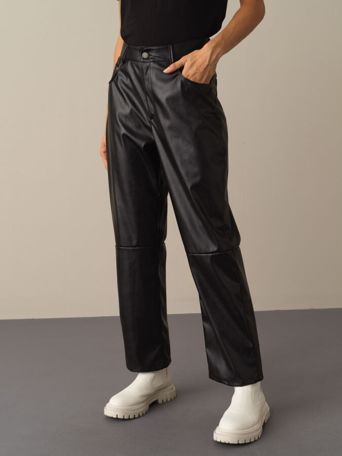 High Waist Regular Fit Leather-Look Pants - 1