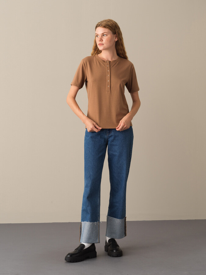 Button-Down Regular Fit Modal Basic T-Shirt - Xint