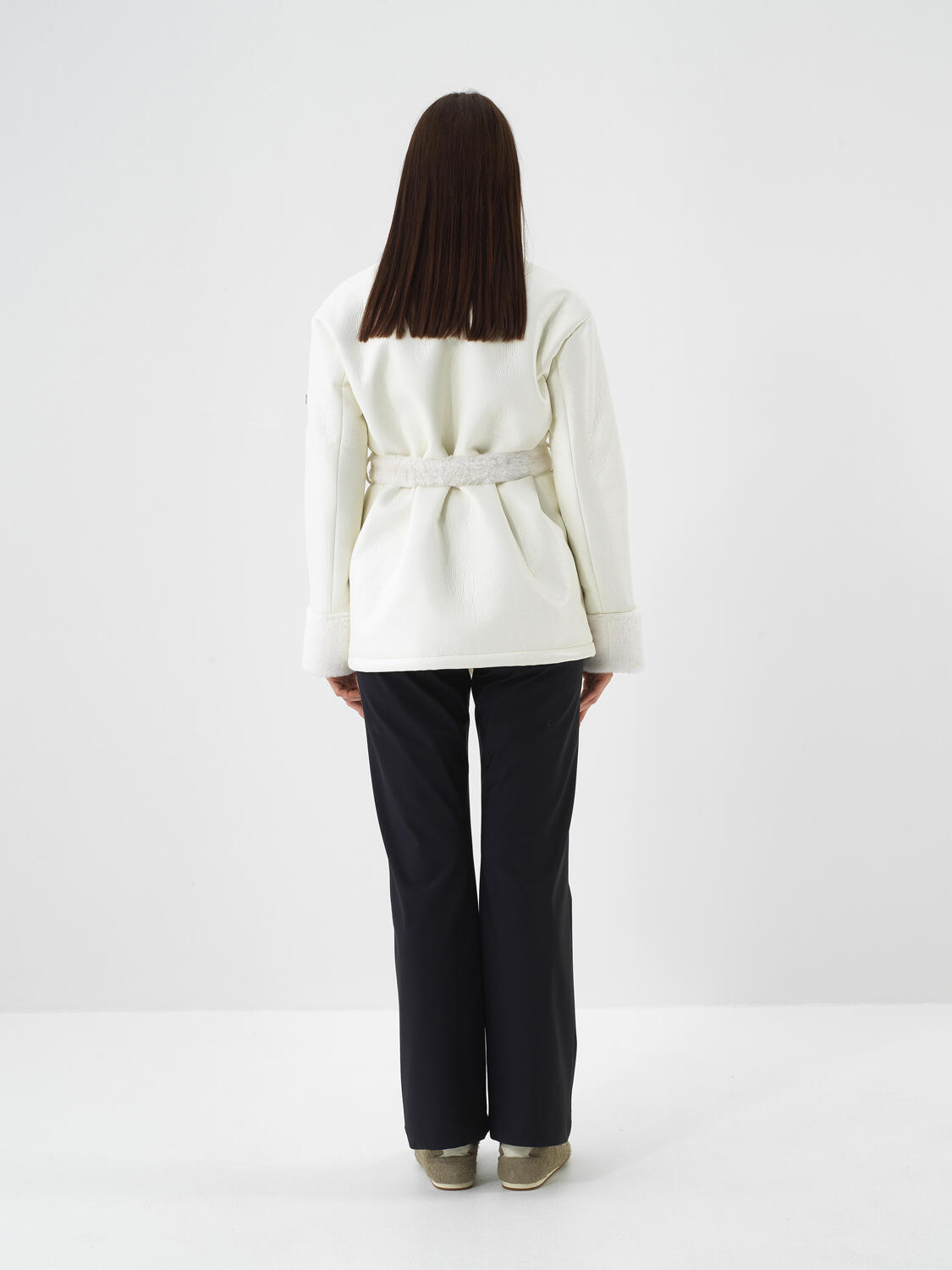 Ecru Leather Look Oversize Coat - 5