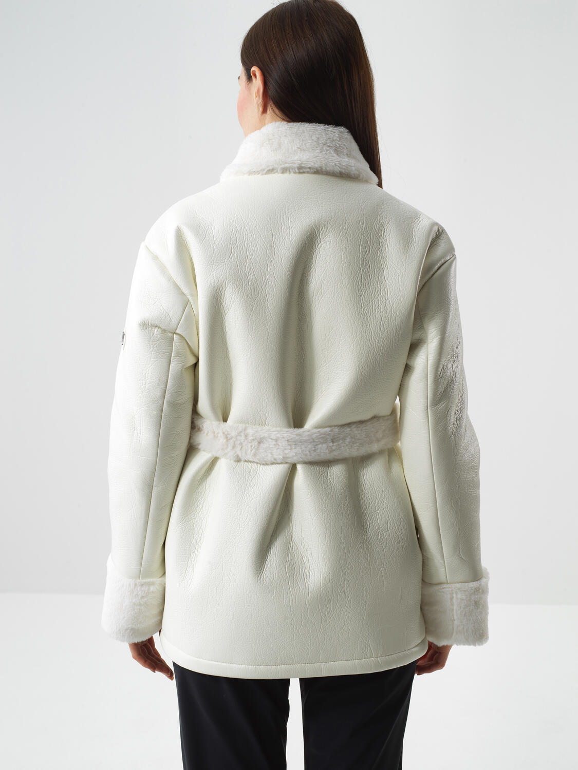 Ecru Leather Look Oversize Coat - 4