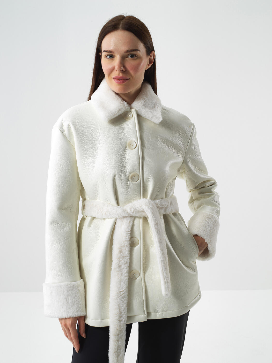 Ecru Leather Look Oversize Coat