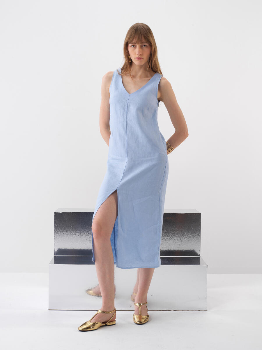 Blue Regular Fit Linen Dress - 1