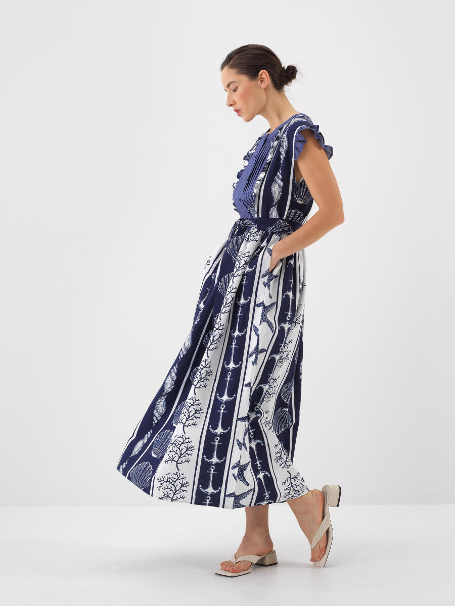 Navy Blue Regular Fit Linen Dress - 2