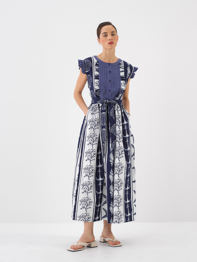 Navy Blue Regular Fit Linen Dress - 1