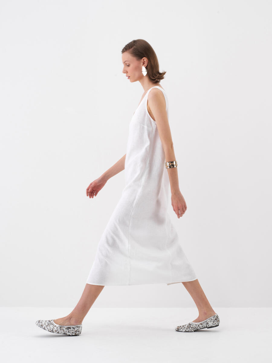 White Regular Fit Linen Dress - 4