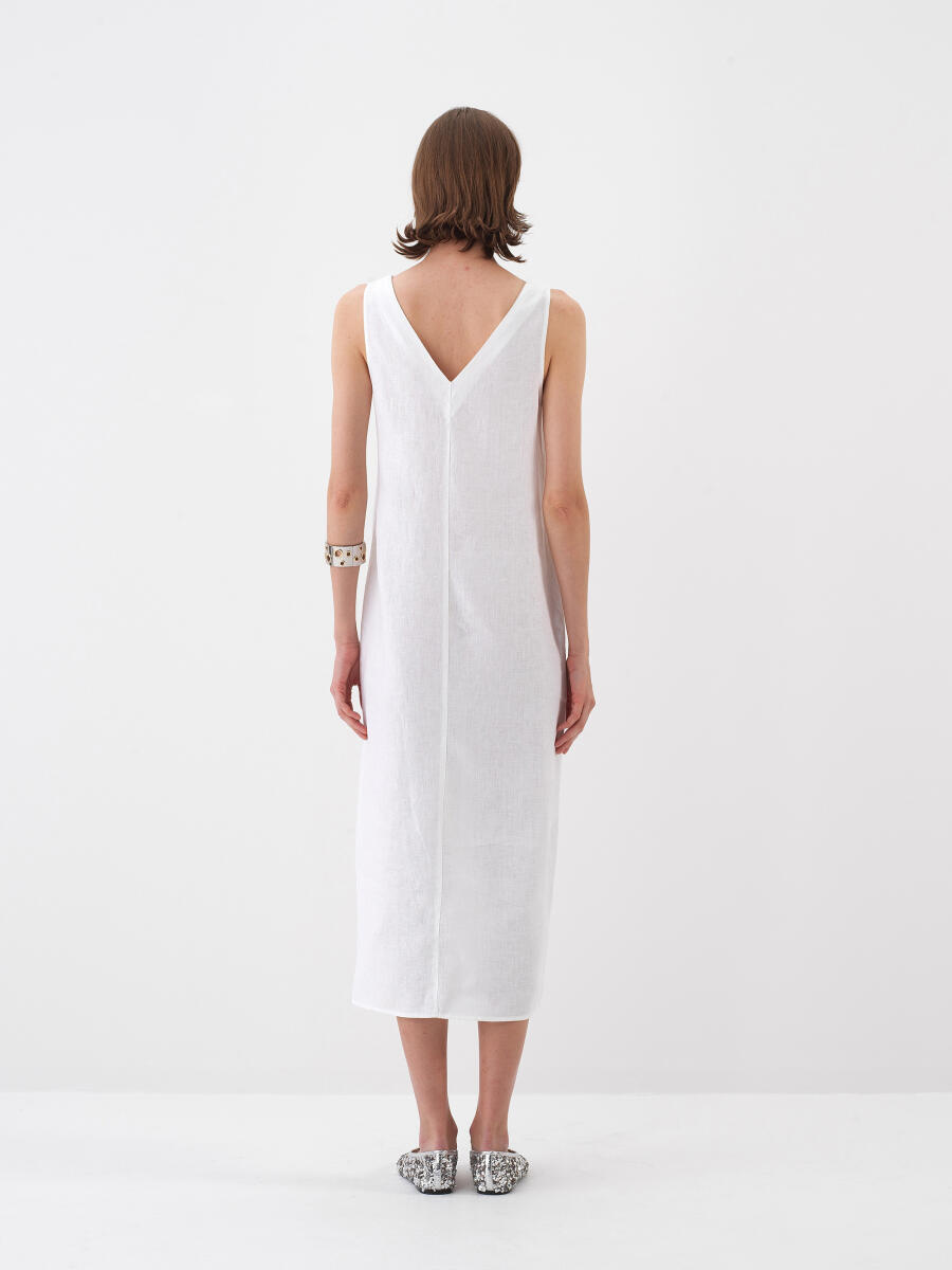 White Regular Fit Linen Dress - 5