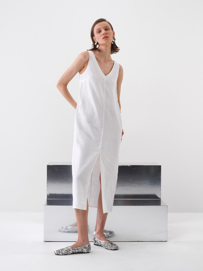 White Regular Fit Linen Dress
