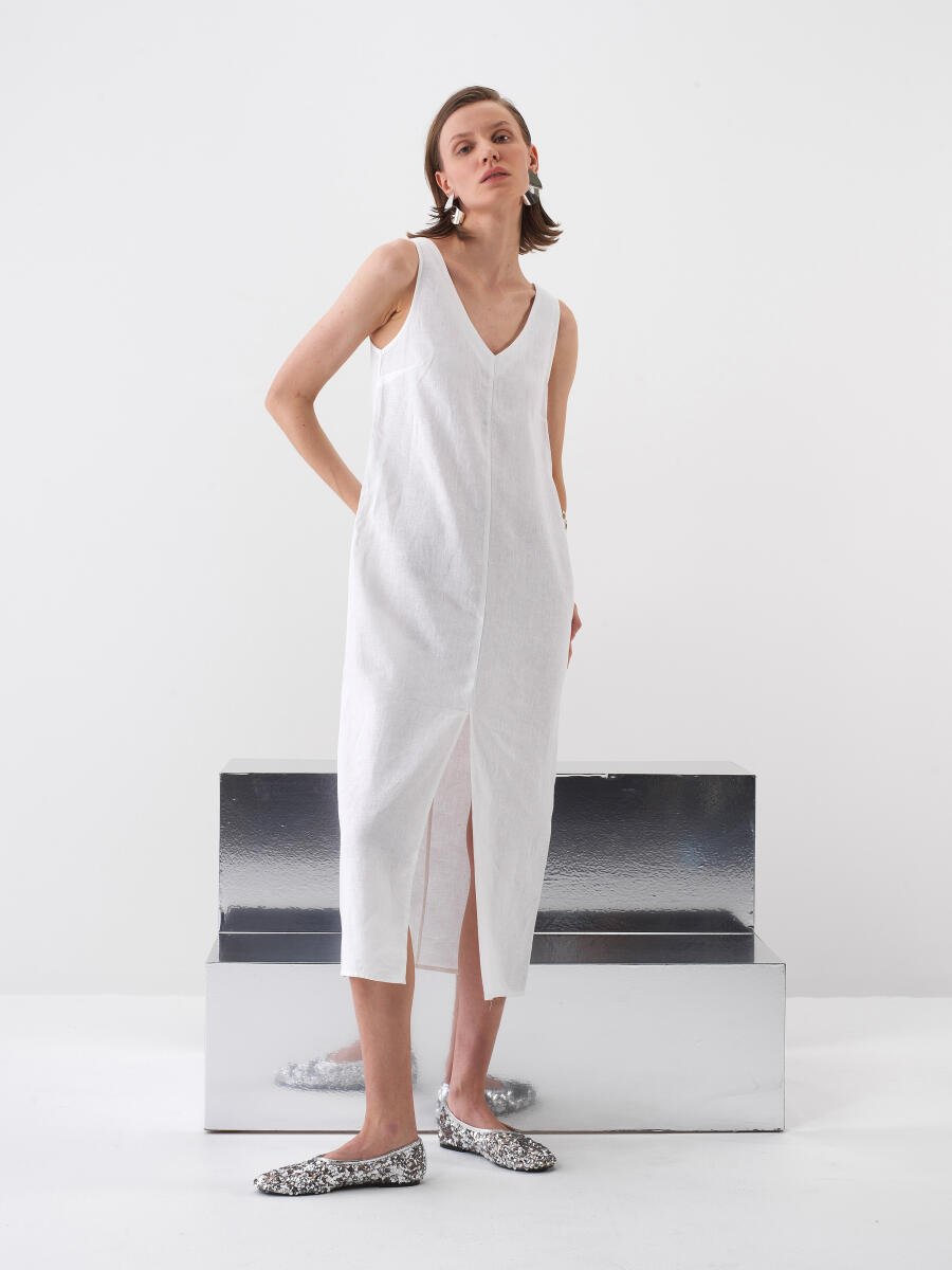White Regular Fit Linen Dress - 1