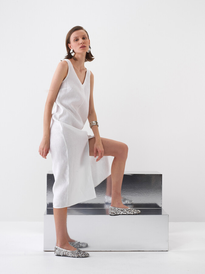 White Regular Fit Linen Dress - 3