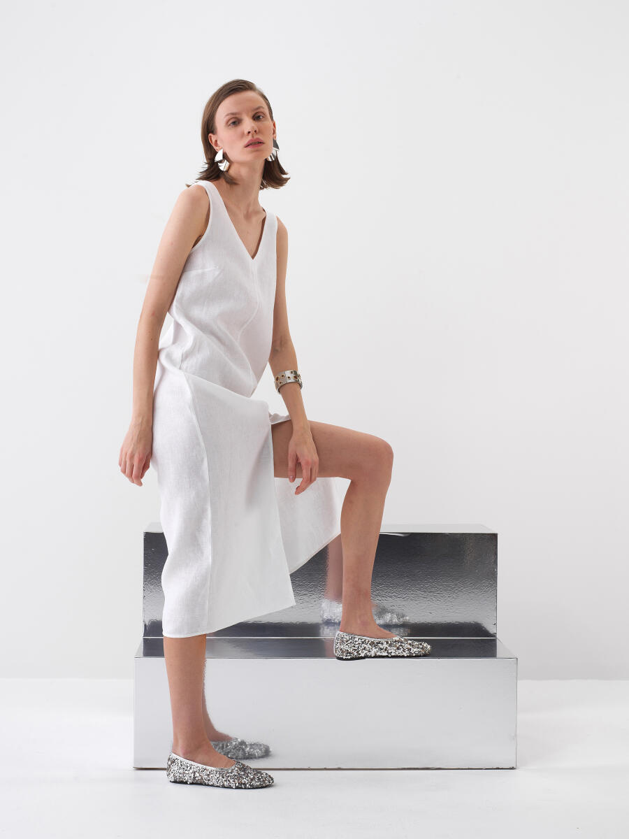 White Regular Fit Linen Dress - 3