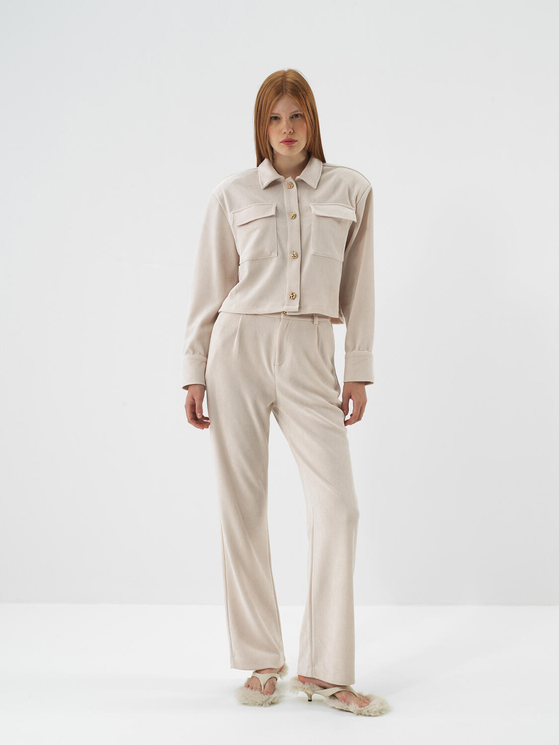 Beige Luxury Textured Soft Velvet Regular Fit Jacket - 4