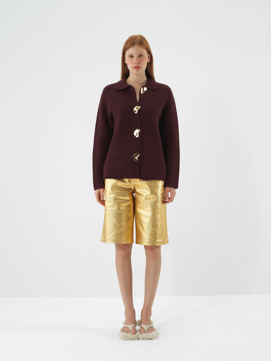 Burgundy Natural Wool Textured Oversize Jacket - Xint