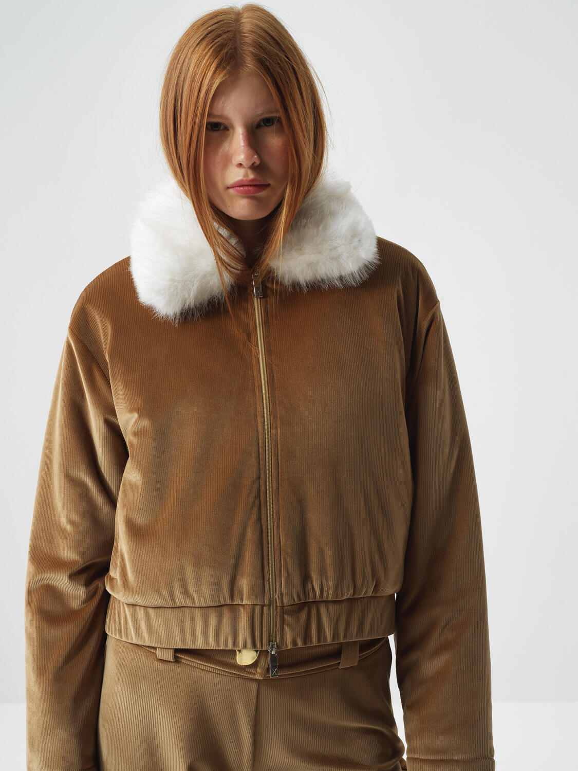 Camel Luxury Textured Soft Velvet Oversize Jacket