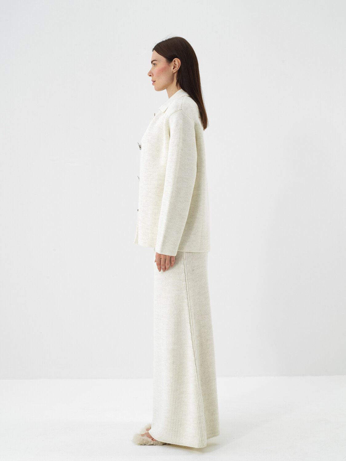 Ecru Natural Wool Textured Oversize Jacket - Xint