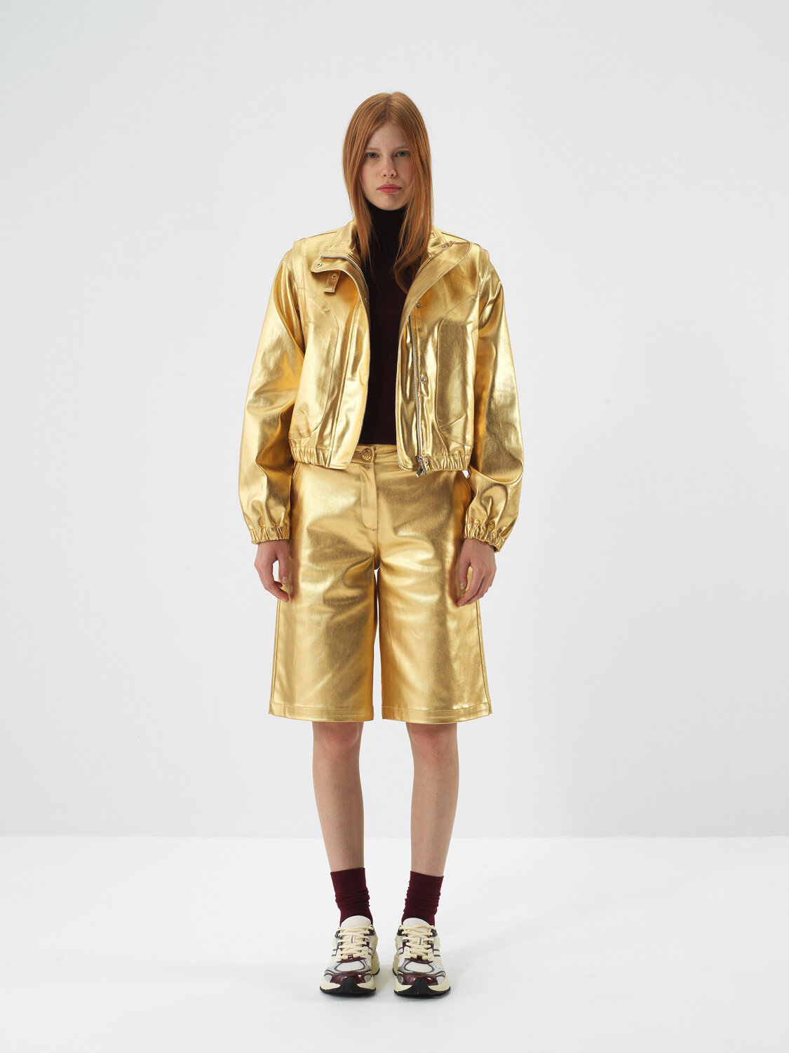 Gold Cotton Textured Oversized Jacket - Xint