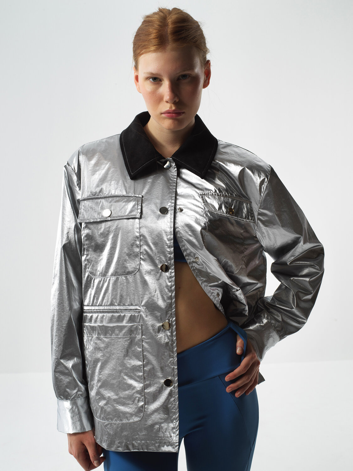 Gray Metallic Shiny Textured Oversize Jacket - Xint