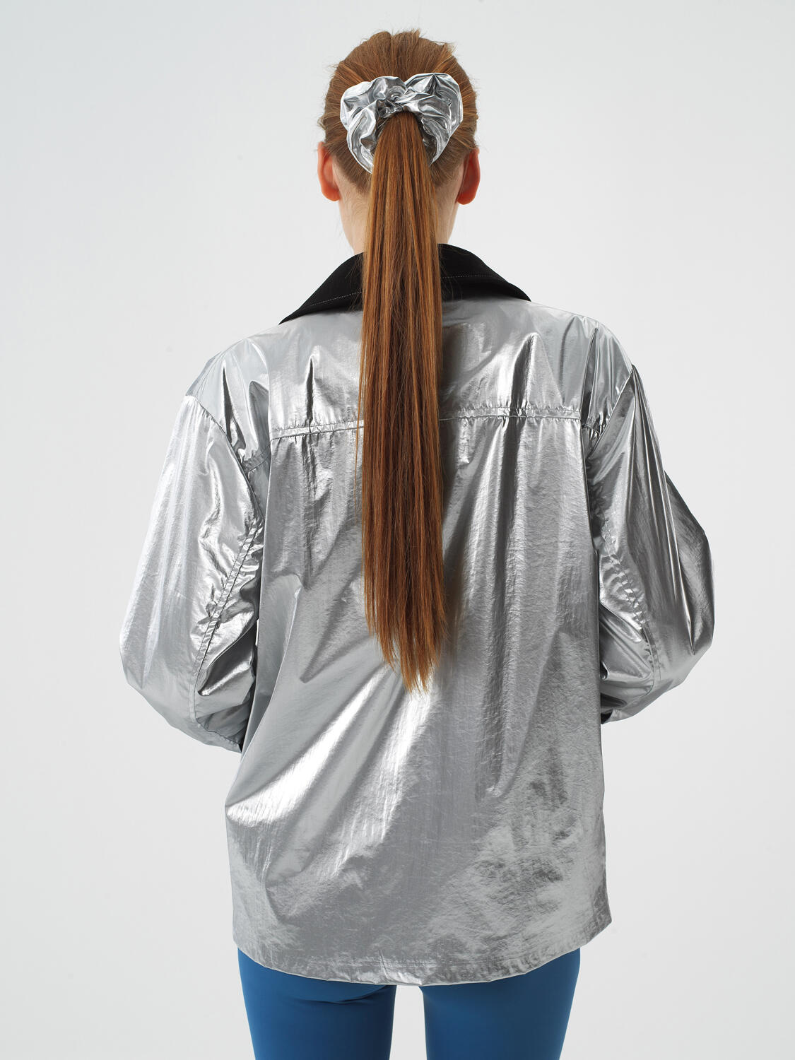 Gray Metallic Shiny Textured Oversize Jacket - 5