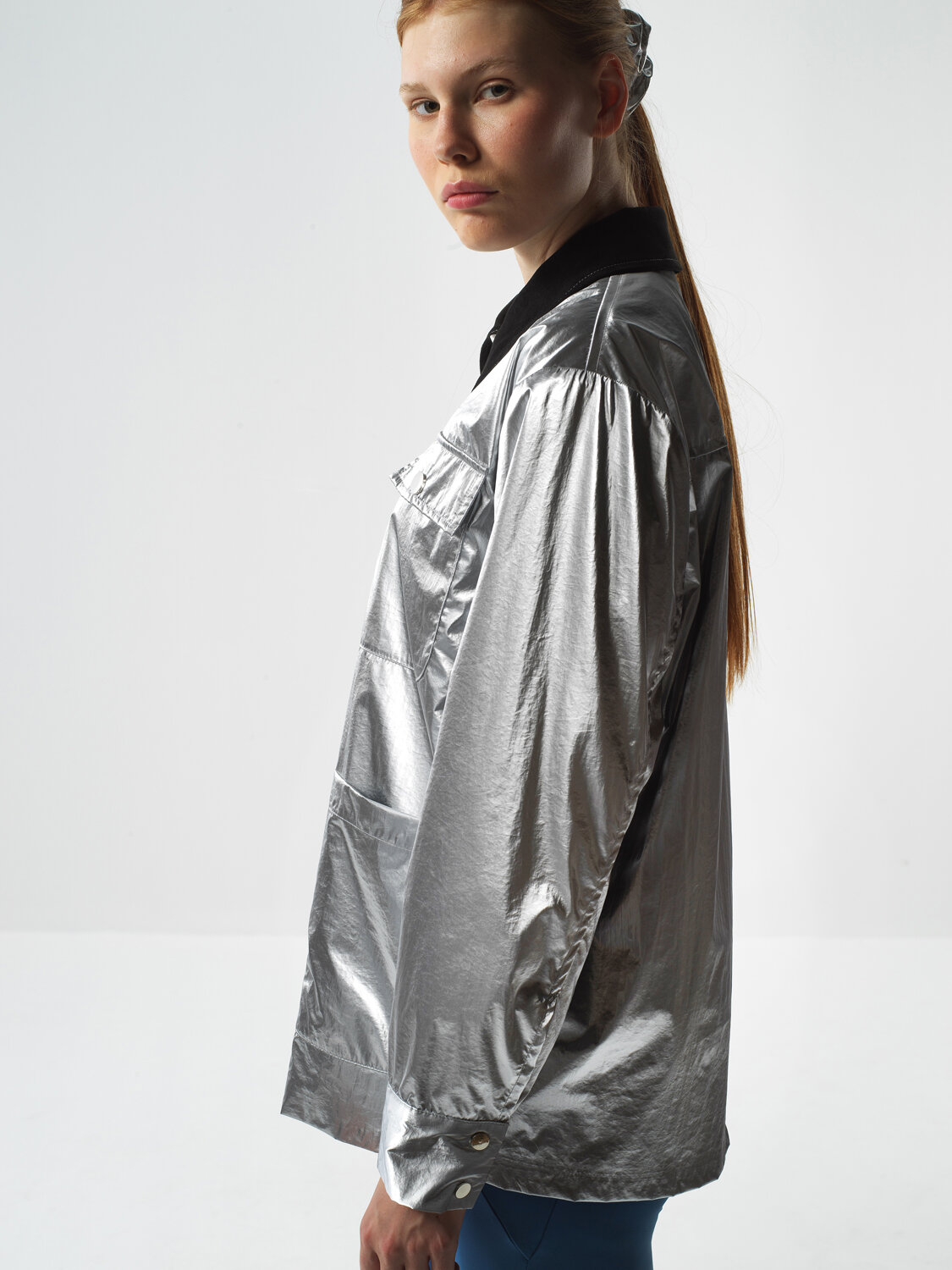 Gray Metallic Shiny Textured Oversize Jacket - Xint