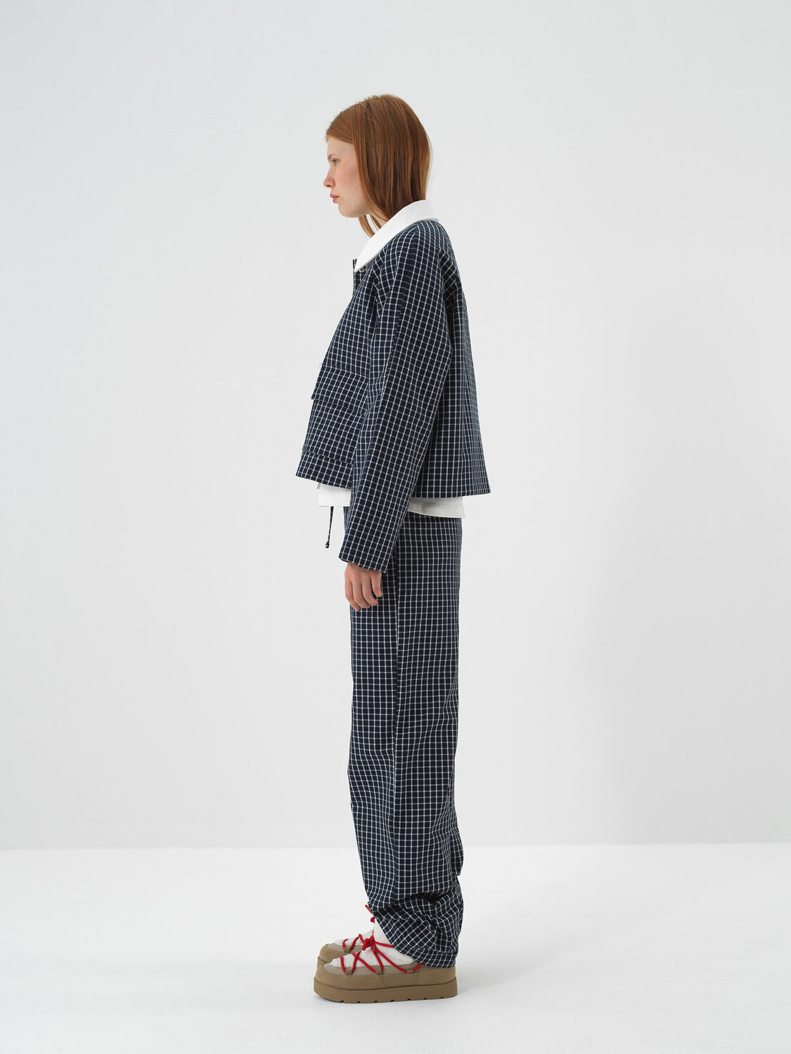 Navy Blue Modern Plaid Oversized Jacket - Xint