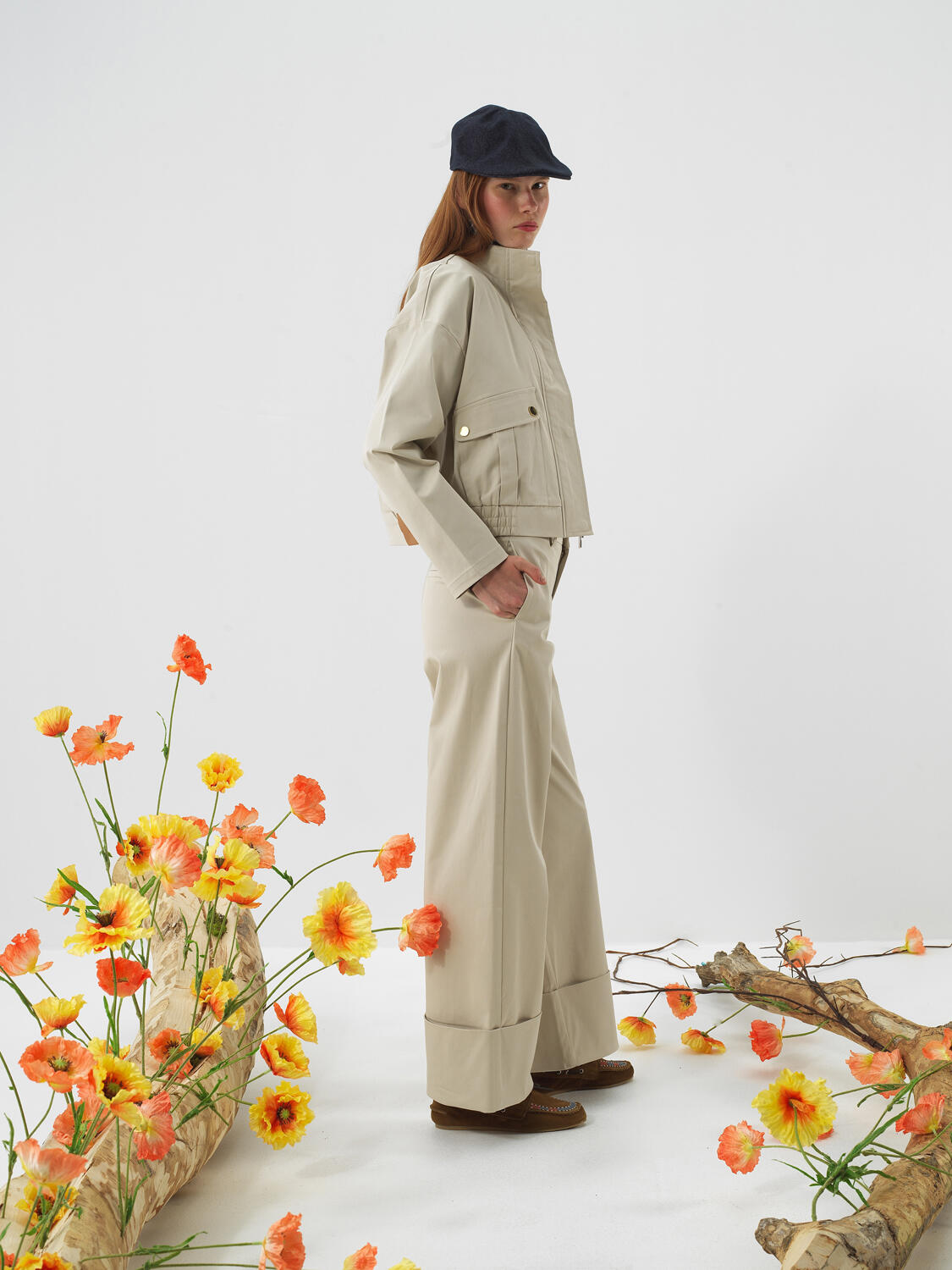 Beige Cotton Textured Oversized Trousers
