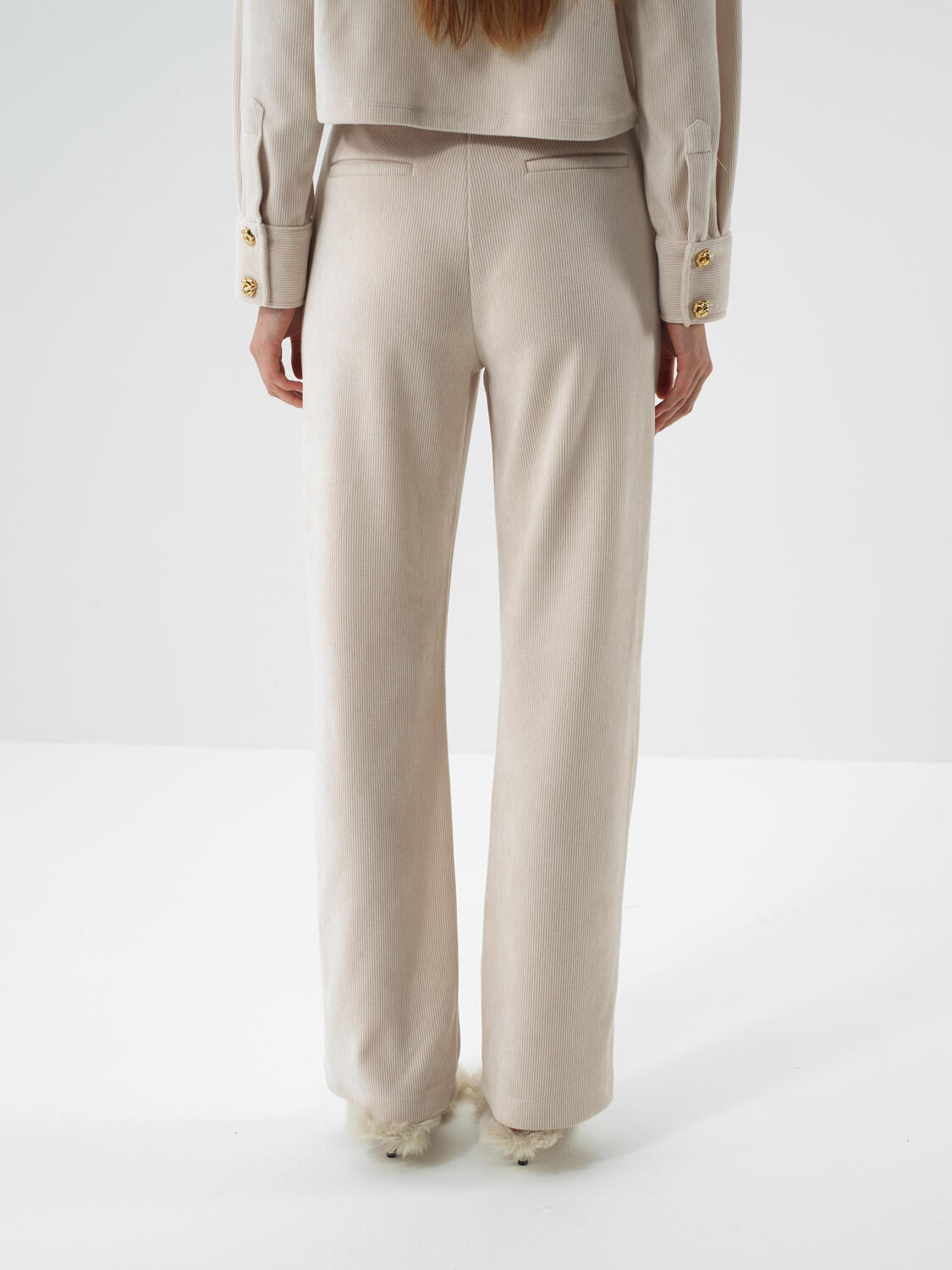 Beige Luxury Textured Soft Velvet Regular Fit Trousers - 4