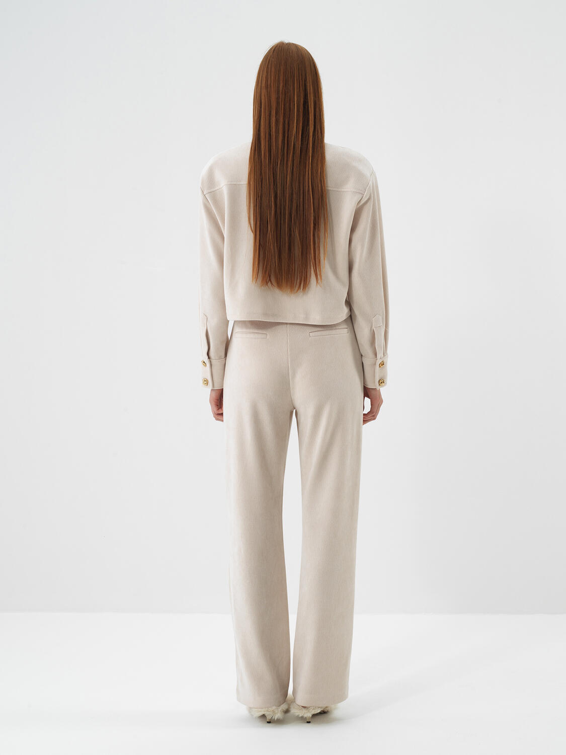 Beige Luxury Textured Soft Velvet Regular Fit Trousers - 5