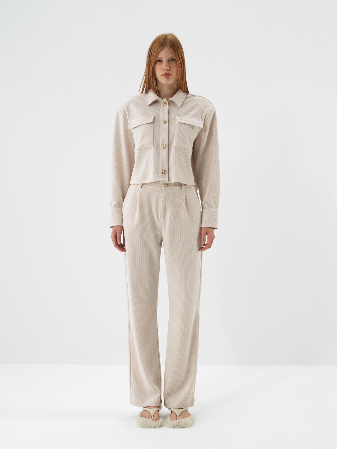 Beige Luxury Textured Soft Velvet Regular Fit Trousers - 2