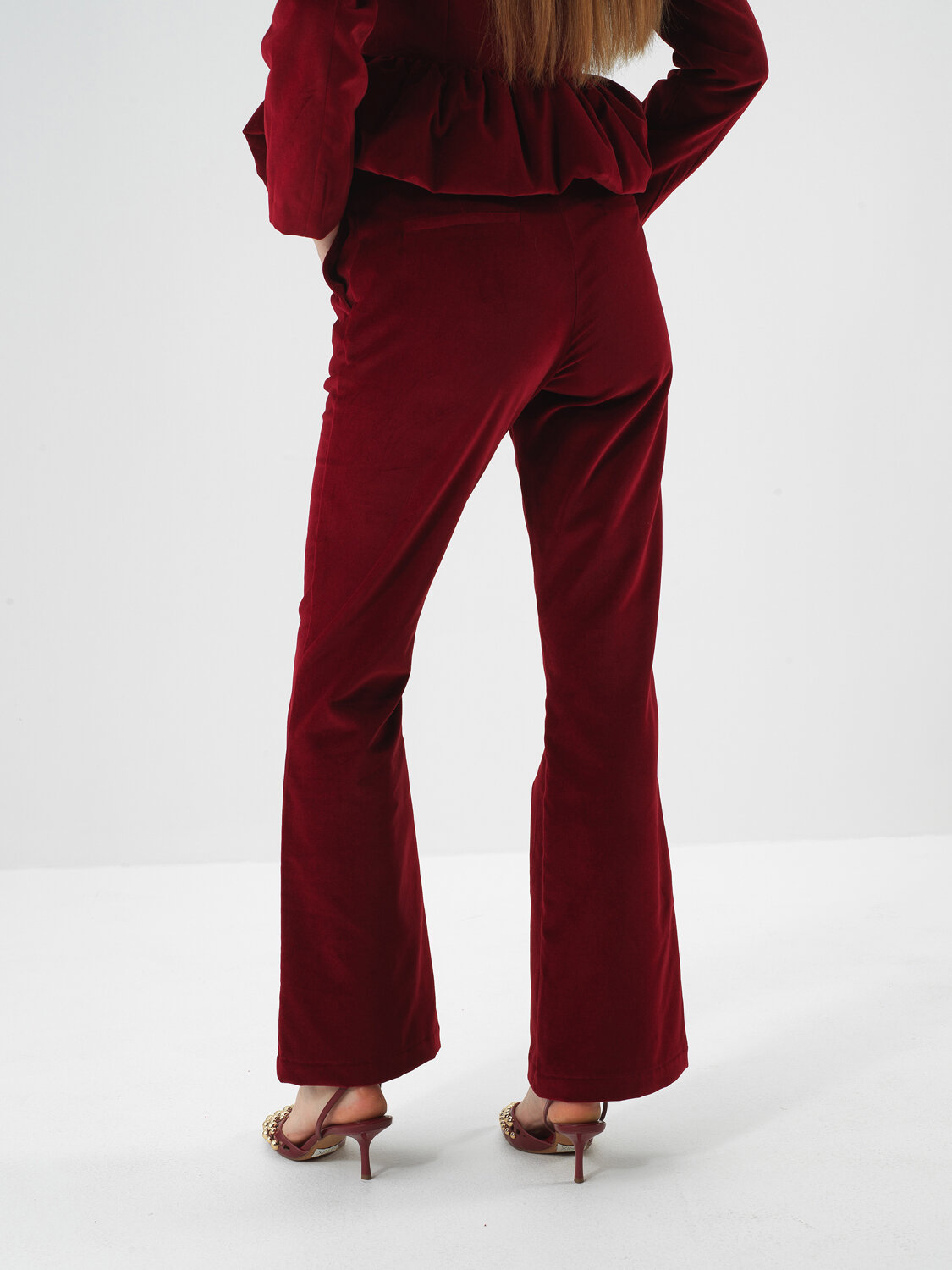 Burgundy Luxury Textured Soft Velvet Regular Fit Trousers - Xint