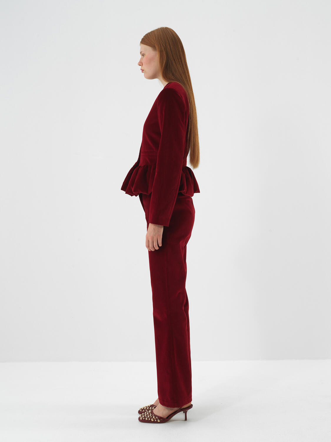 Burgundy Luxury Textured Soft Velvet Regular Fit Trousers - 4