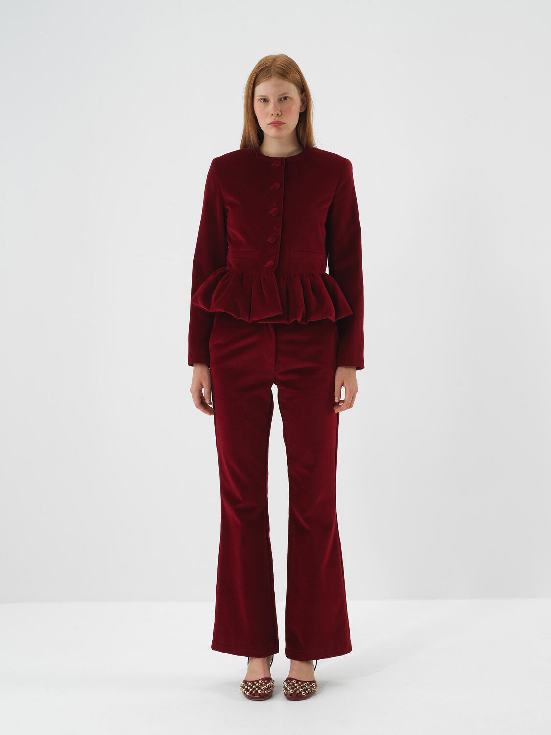 Burgundy Luxury Textured Soft Velvet Regular Fit Trousers - 3