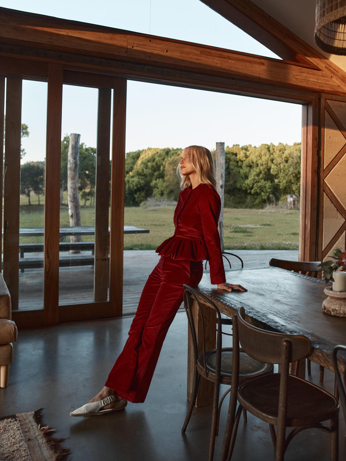 Burgundy Luxury Textured Soft Velvet Regular Fit Trousers - 2