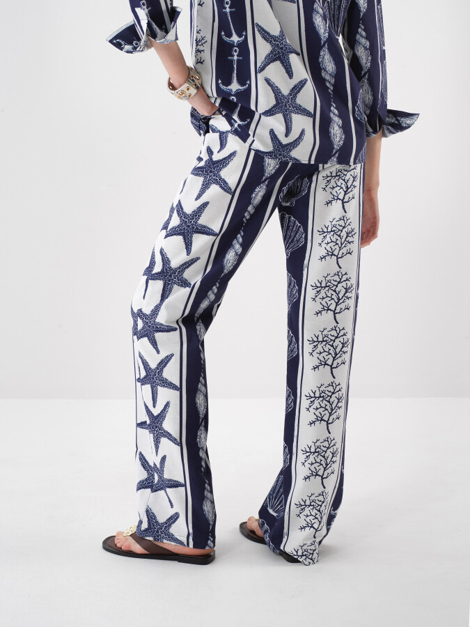 Navy Blue Oversize Linen Trousers - 3