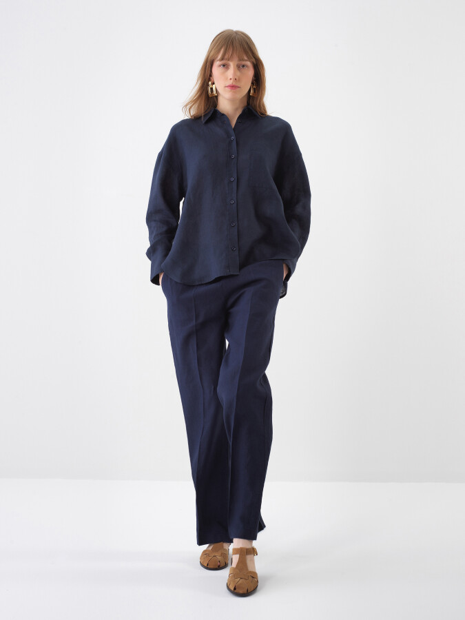 Navy Blue Oversize Linen Trousers - 5