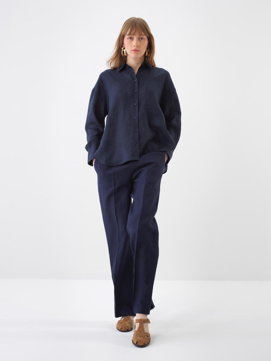 Navy Blue Oversize Linen Trousers - 5