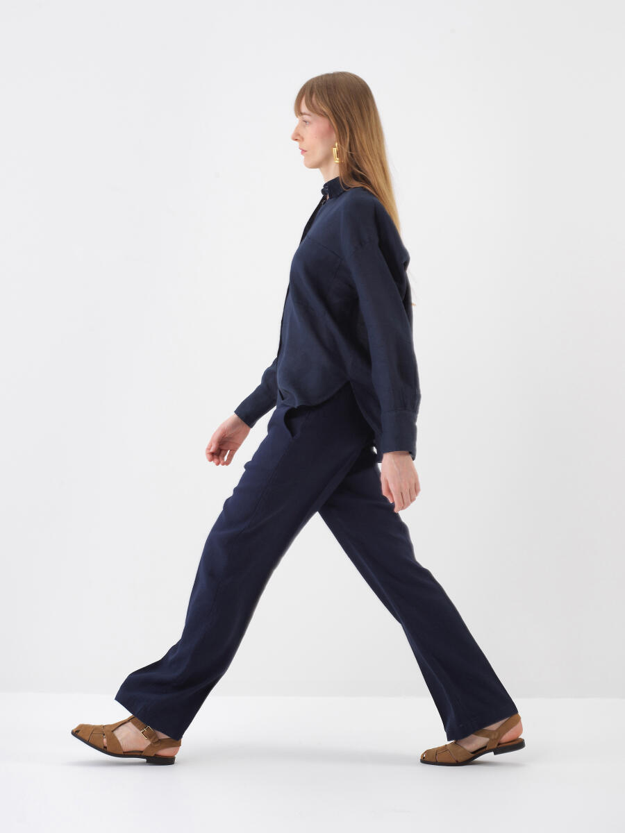 Navy Blue Oversize Linen Trousers - 2