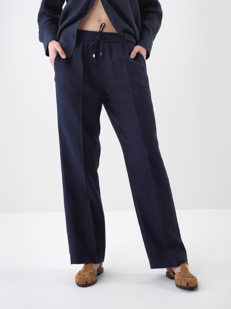 Navy Blue Oversize Linen Trousers - 1