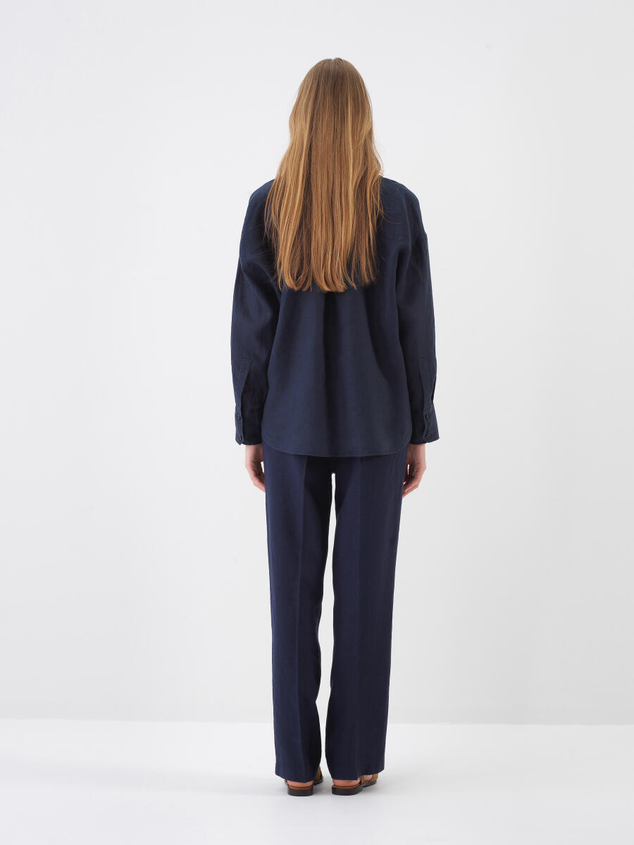 Navy Blue Oversize Linen Trousers - 4