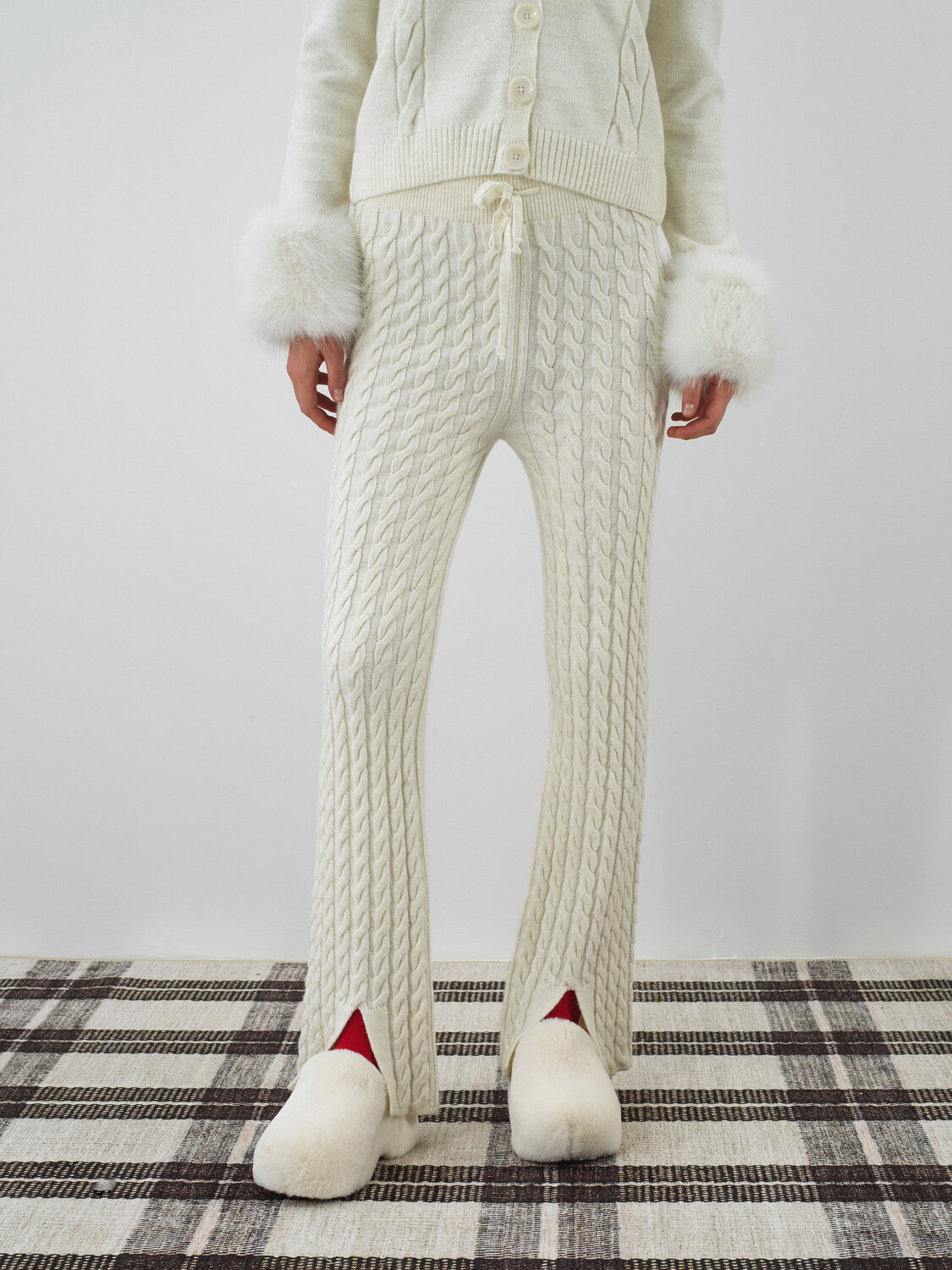 Ecru Natural Wool Textured Oversize Trousers - Xint