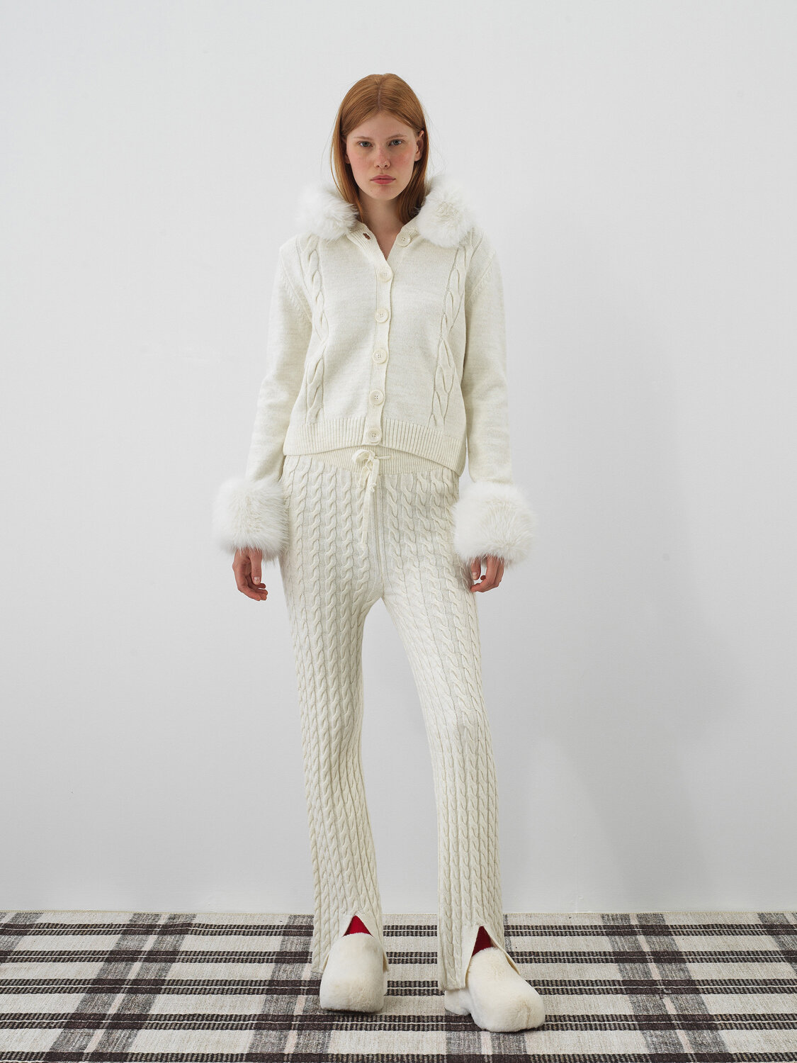 Ecru Natural Wool Textured Oversize Trousers - Xint